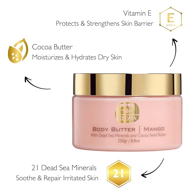 KEDMA Mango Body Butter – Nourishing Dead Sea Minerals Body Cream with Cocoa Butter, Rice Bran Oil & Vitamin E – Hydrating Moisturizer for Dry Skin - 8.8 oz