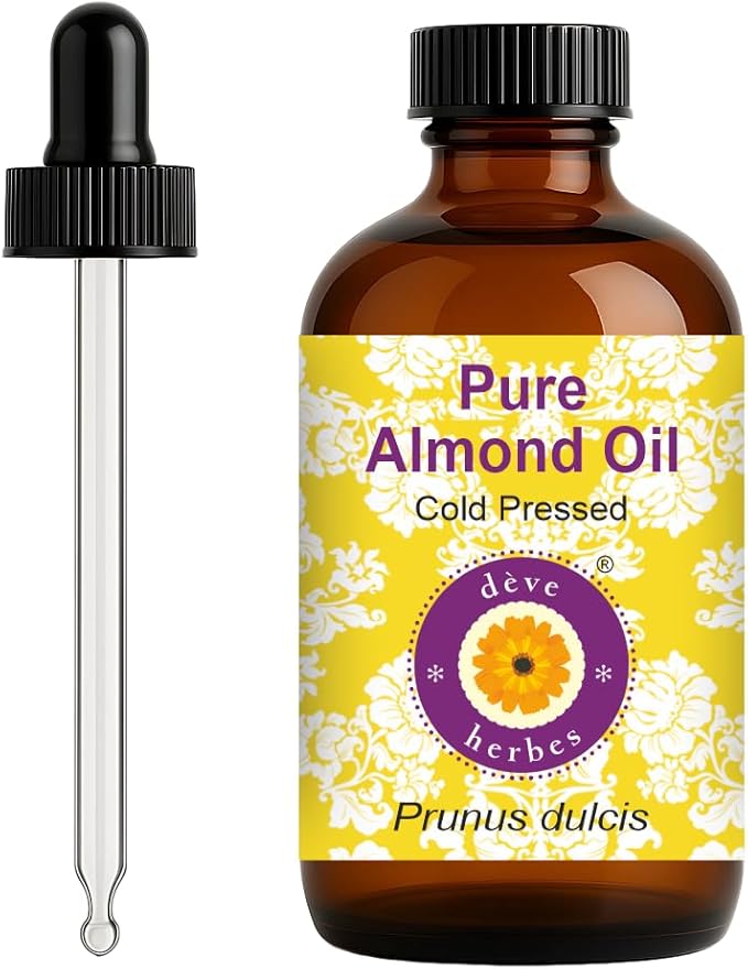 dève herbes Almond Oil (Prunus dulcis) with Glass Dropper | Cold Pressed | Pure | Natural | For Diluting Essential oils | For Skin & Massage | Non-Sticky | Lightweight | Unisex | 120ml (4 oz)