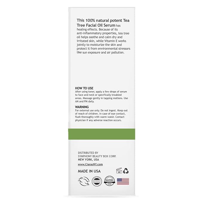 Clara's New York Tea Tree & Vitamin E Facial Oil Serum – Lightweight, Hydrating, Calming Skin for All Types – 30ml / 1 Fl Oz
