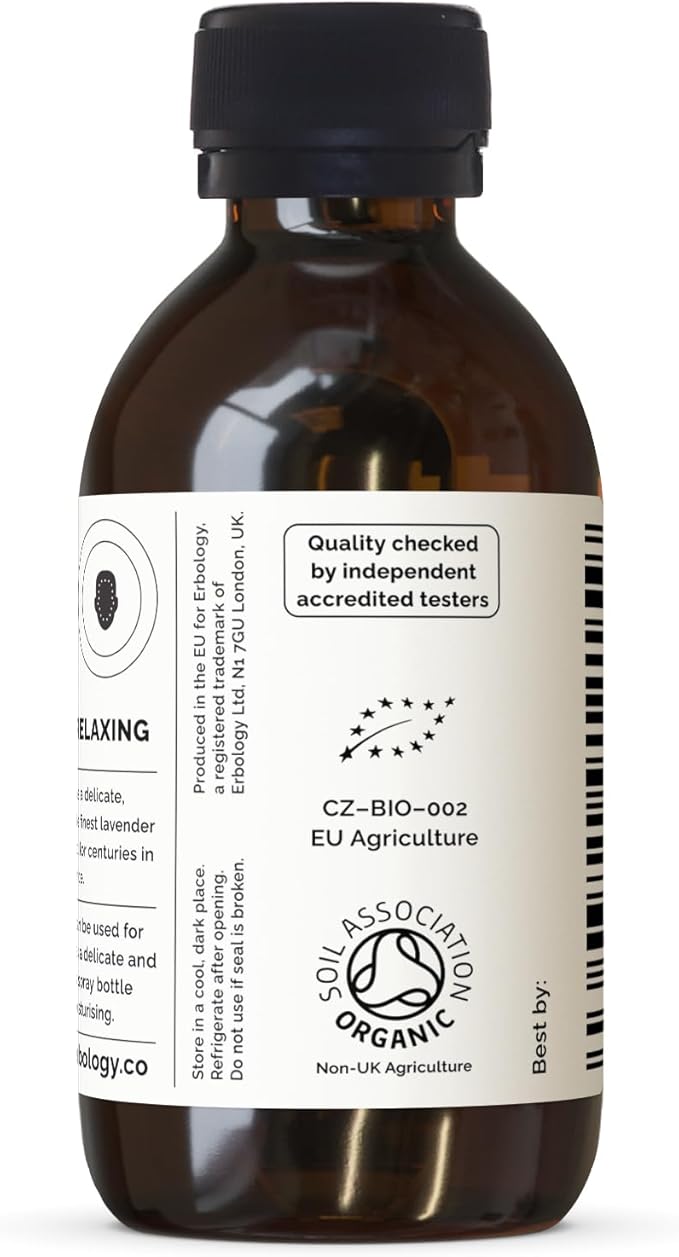 Erbology Organic Lavender Water 3.4 fl oz - Premium Food Grade Hydrolate of Lavender - Soothing and Relaxing - Non-GMO - Recyclable Glass Bottle