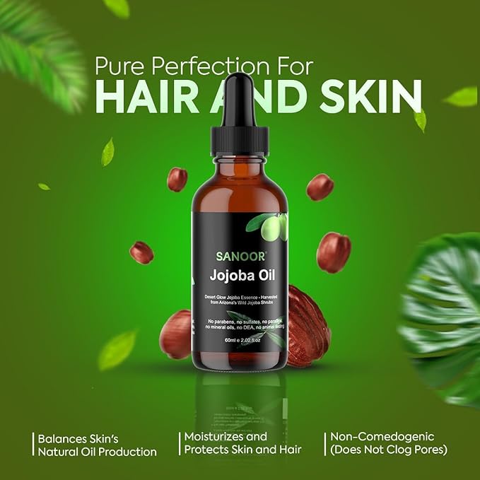 SANOOR Desert Organic Jojoba Oil | 100% Pure (2.02oz) | Cold-Pressed Moisturizer for Skin & Hair Care | Nutrient-Rich Pure Hair Butter | Hydrating Oil for Face, Body, and Scalp | 60ml