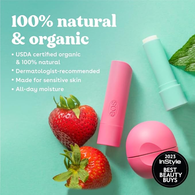 eos 100% Natural & Organic Lip Balm - Sweet Mint, All-Day Moisture, Dermatologist Recommended for Sensitive Skin Care, Lip Care Products, 0.25 oz (Pack of 2)