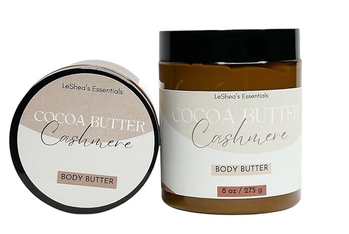 LE SHEA Cocoa Butter Cashmere Body Butter, Vegan Skin Cream Moisturizer, Shea Butter, Mango, Vitamin E Oil Hydrating Skin Plant Based Care Thick Lotion for Dry Sensitive Dry Cracked Hands Feet 8 oz
