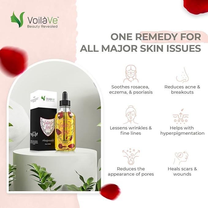 VoilaVe Organic Rose Oil for Face, Hair & Body - Hydrating Moisturizer for Dry Skin, Scalp, Nails & Cuticles - Reduces Wrinkles, Fine Lines, Scars - Infused with Rose Petals & Bergamot - 4 Fl Oz
