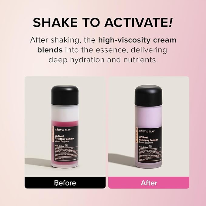 Mary&May Vegan Blackberry Cream Essence – Shake-to-Mix Dual-Phase Milky Toner, Ceramide + Blue Lotus Water, Barrier Support for Dry/Sensitive Skin, Unscented & Alcohol Free, 140ml (4.73 fl oz)