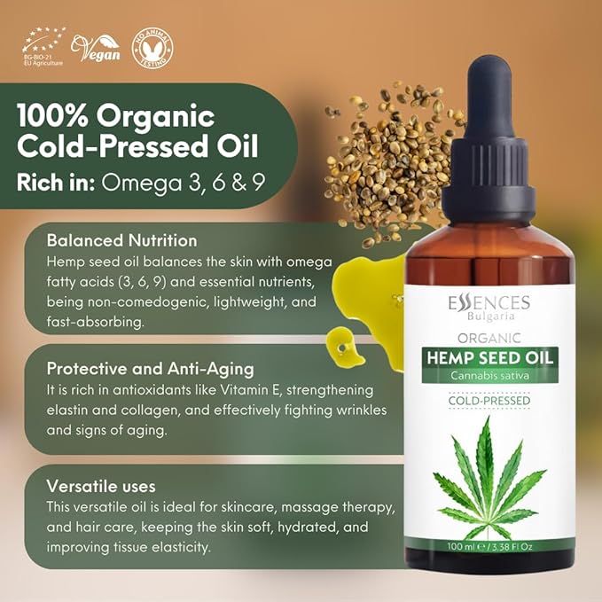 Essences Bulgaria Organic Hemp Seed Oil 3.4 Fl Oz | 100ml | 100% Natural Cold-Pressed Oil | Therapeutic Quality | Family Owned Farm | Massage Base Oil | Natural Moisturizer | Ideal Carrier Oil
