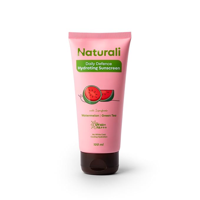 Naturali Daily Defence Sunscreen | SPF 60+ PA+++ UVA/UVB Protection | No White Cast | Cooling & Hydrating | Blends Easily | Non-sticky | Non-greasy | Watermelon & Green Tea Sunscreen | 100ml