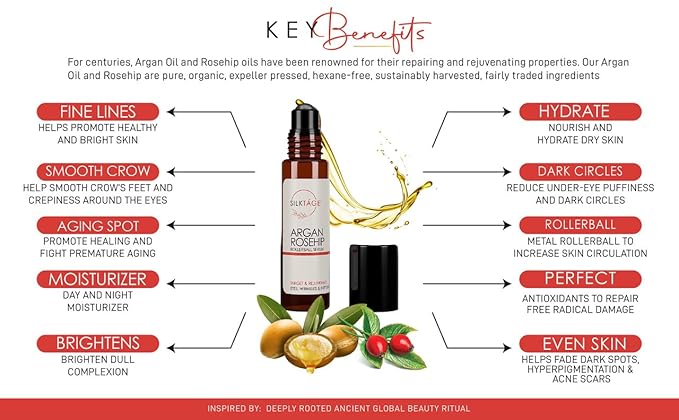 SILKTÁGE Argan Rosehip Rollerball - Organic Argan Oil & Rosehip Oil for Eyes, Wrinkles, Lips, Dry Skin, Age Spots - Anti-Aging Face Oil Serum For Glowing Skin, .33 Fl Oz