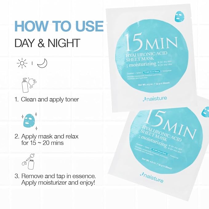 Naisture Hyaluronic Acid Face Mask – 15 Minute Hydrating & Plumping Sheet Mask with Aloe, Collagen & Niacinamide for All Skin Types (5 ea)