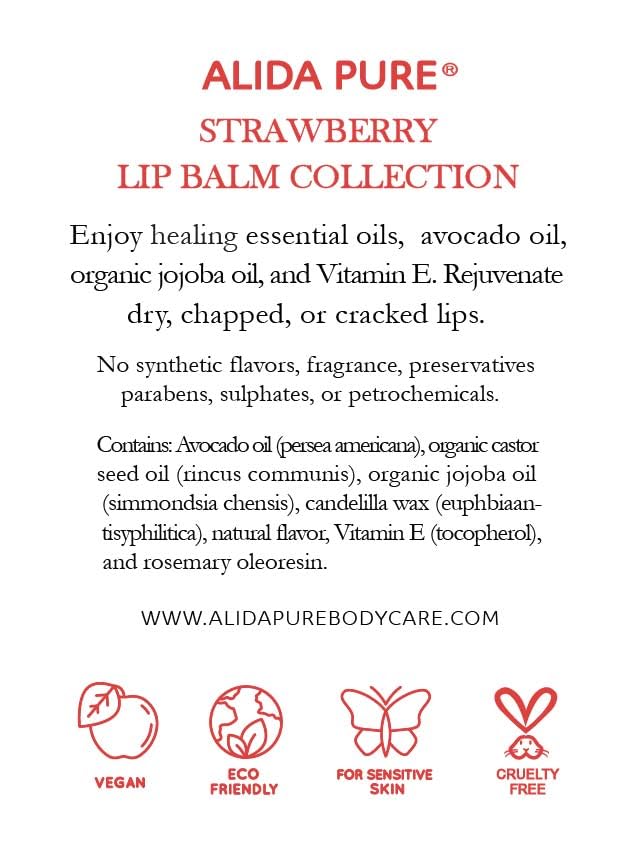 ALIDA PURE Strawberry Lip Balm Collection, Vegan, Lip Balm, Beeswax Free, with Avocado Oil, Organic Jojoba Oil, and Vitamin E, Natural Moisturizer for Dry, Chapped Lips, 3 Tube Set