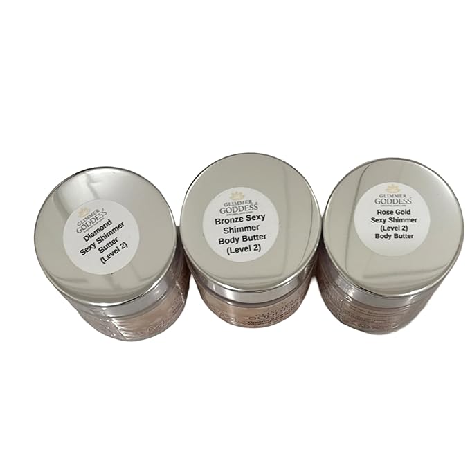 GLIMMER GODDESS Shimmer Body Butter with Organic Whipped Shea Butter for Hydration, Moisturizing & Silky Natural Glow - Bronze, Diamond & Gold in Sexy, 2oz, Pack of 3