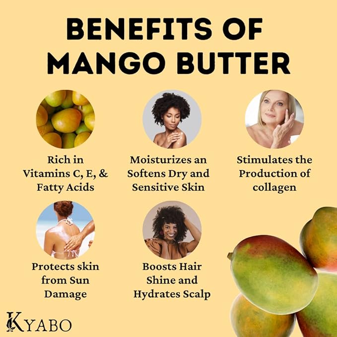 Kyabo Organic 100% Pure Mango Butter, Raw, Organic, & Unrefined, Chemical-Free, Natural Skin Moisturizer, Great for DIY Body Butters, Soaps, & Lotions (8 Oz)