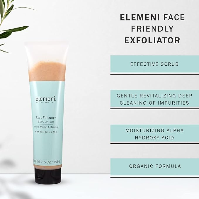 elemeni Skin Care Face Friendly Exfoliator - Organic Face Scrub for Men and Women | Facial Cleanser & Revitalizing Deep Cleaning Mask with Moisturizing Alpha Hydroxy Acid | 5.5 OZ Vegan Friendly