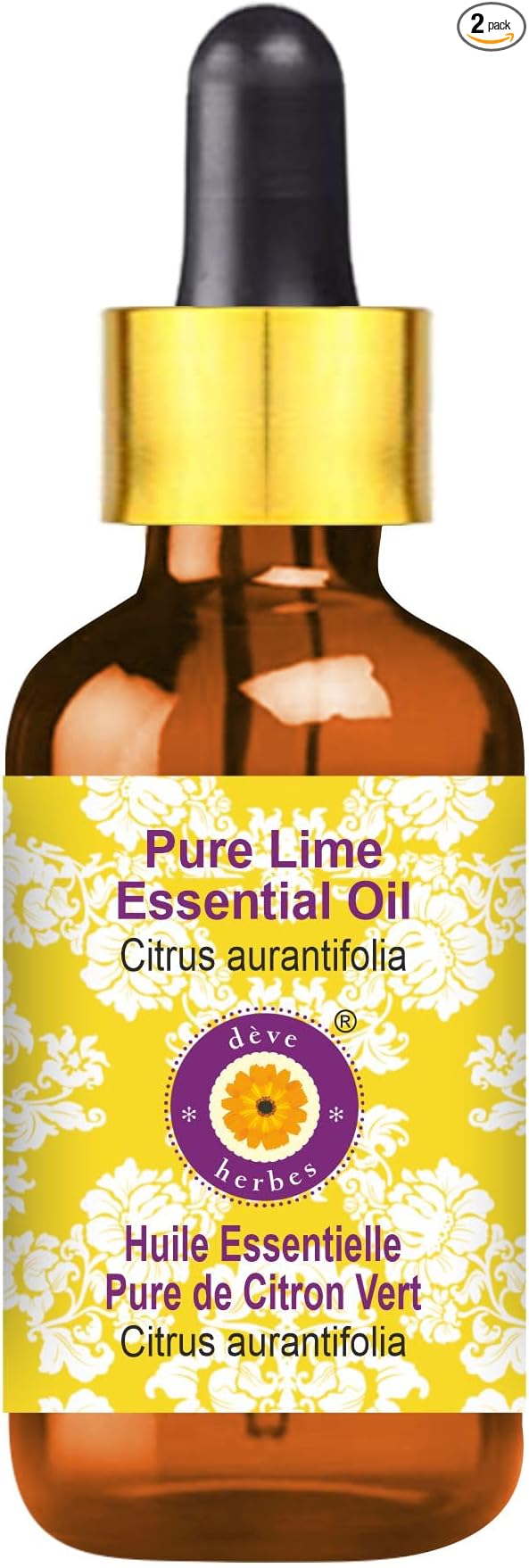 Deve Herbes Pure Lime Essential Oil (Citrus aurantifolia) with Glass Dropper Steam Distilled 30ml (1 oz)