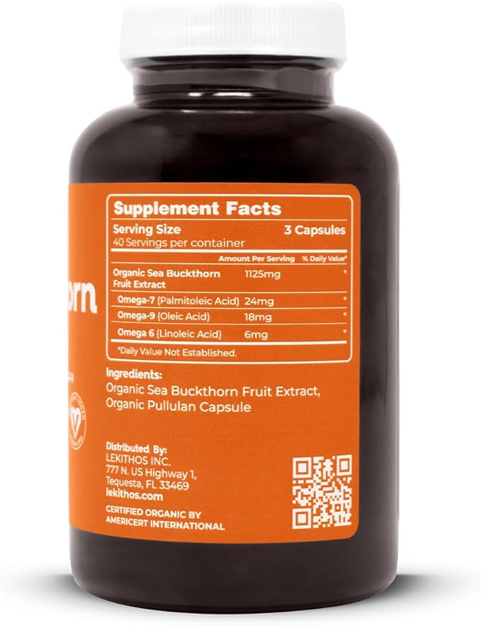 Organic Sea Buckthorn Capsules | Organic Omega 6-7-9 Complex | 1125mg Per Serving | Supports Skin Barrier and Inflammatory Response | USDA Organic, Vegan, Non-GMO, Gluten-Free | 120 Capsules