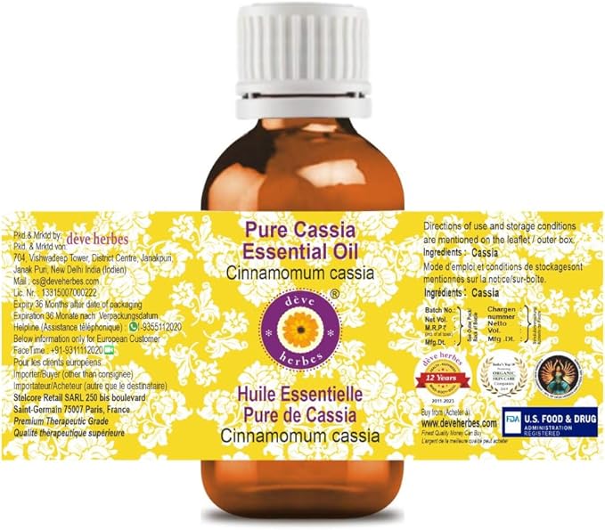 Deve Herbes Pure Cassia Essential Oil (Cinnamomum Cassia) Steam Distilled (Pack of Three) 100ml X 3 (10 oz)
