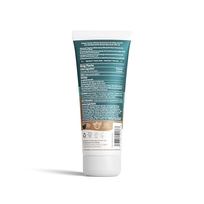 Happy Ocean Reef Safe Sunscreen SPF 45 – Biodegradable Mineral Zinc Oxide Lotion, Water Resistant, Travel Size 2.5 oz, Face & Body