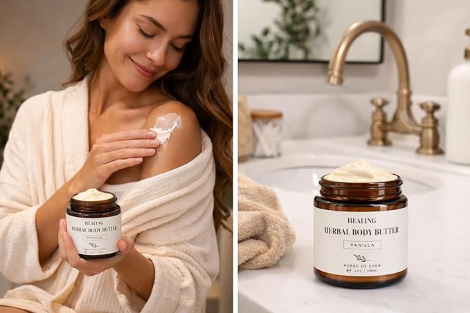 Herbs of Eden | Healing Herbal Body Butter | Pure Organic Calendual Comfrey Plantain with Castor Jojoba Rosehip Oil All Natural Soothing Whipped Body Moisturizer (Unscented)