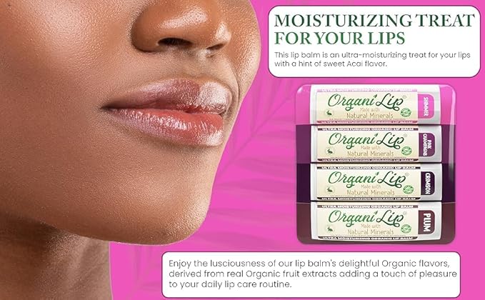 OrganiLip Tinted Lip Balm Moisturizer - Natural Moisturizer for Cracked & Dry Lips - All-Day Ultra Moisturizing Lip Care for Kids and Adults - Shimmer, Pink Champagne, Crimson, Plum Colors - 4 Pack