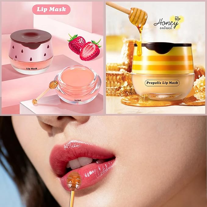 4 PCS Honey Lip Mask, Strawberry & Watermelon & Apple Lime Lip Sleeping Mask Propolis Moisturizing Lip Balm with Stick, Vitamin E Lip Masks, Repairs And Prevents Chapped Lips (Honey & Strawberry)