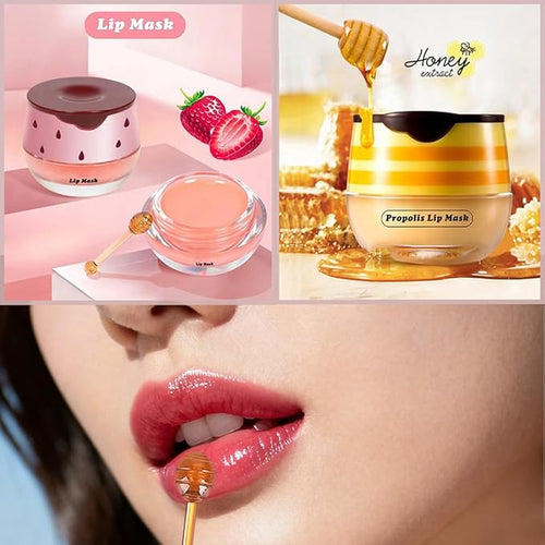 4 PCS Honey Lip Mask, Strawberry & Watermelon & Apple Lime Lip Sleeping Mask Propolis Moisturizing Lip Balm with Stick, Vitamin E Lip Masks, Repairs And Prevents Chapped Lips (Honey & Strawberry)