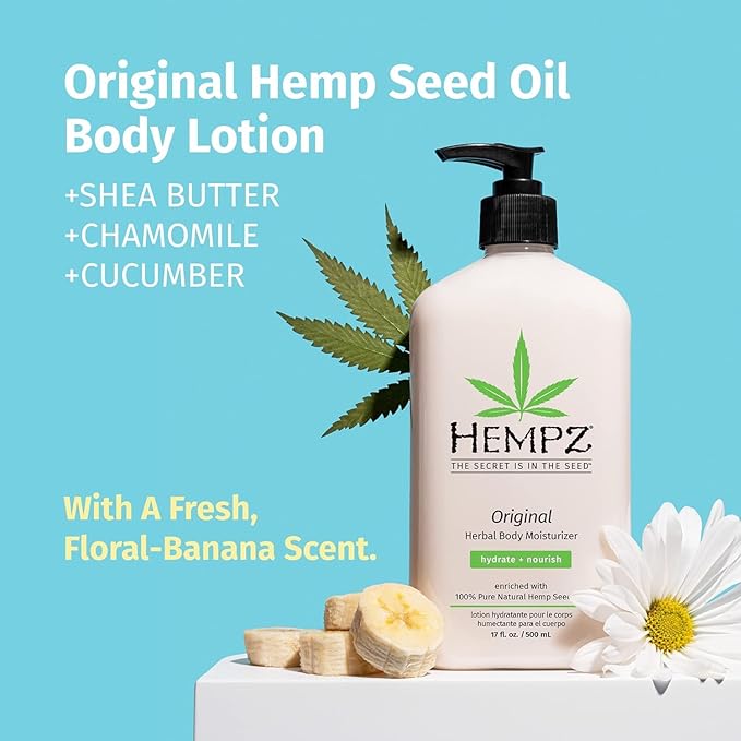 Hempz Original,Natural Hemp Seed Oil Body Moisturizer with Shea Butter and Ginseng,Original Scent,Floral Banana,17 Fl.Oz (Packaging may vary),(Pack of 2)