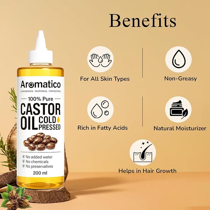 Aromatico 100% Pure Cold Pressed Castor Oil for Hair, Eyelashes & Eyebrows – Natural Carrier Oil for Scalp, Beard & Skin Care – Thick Conditioning Oil for Dry Scalp, DIY Beauty & Bulk Use – 7 fl oz