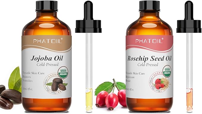 PHATOIL 118ML/4 Oz Organic Rosehip Seed Oil & Jojoba Oil for Skin Face Body Care, Pure and Natural Cold Pressed Base Carrier Oil