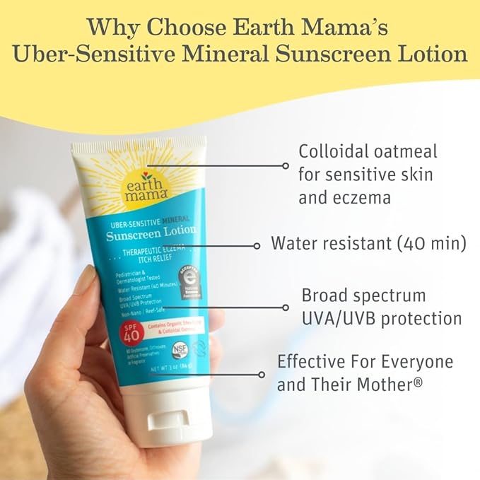 Earth Mama Uber-Sensitive Mineral Sunscreen Lotion SPF 40 | Non-Nano Zinc, Contains Organic Colloidal Oatmeal | Steroid-Free Eczema Cream for Baby, Kid & Family, 3-Ounce, 2-Pack