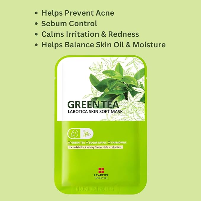 LABOTICA Green Tea Skin Soft Mask - Natural Fermented Facial Sheet for Acne Control, Sebum Regulation, and Redness Relief - Harmonizing Skincare for Oil/Moisture Balance (10 Sheets)