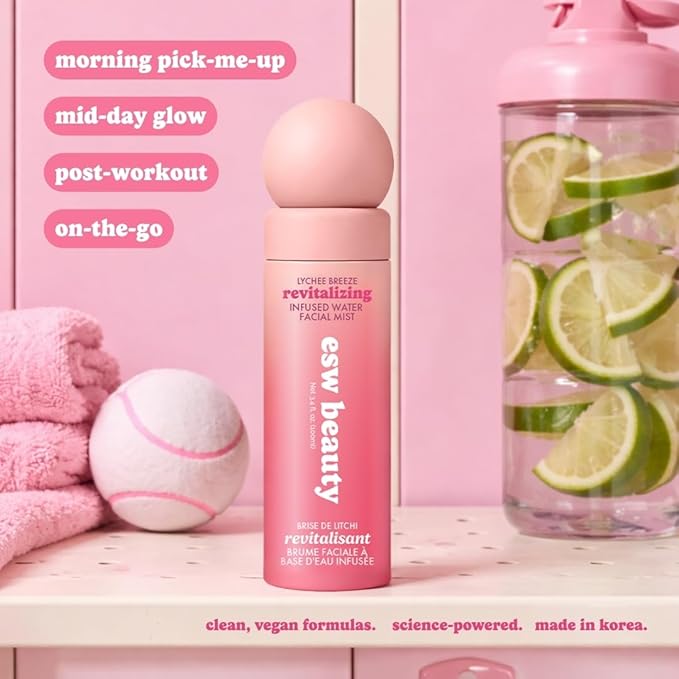 ESW Beauty Lychee Breeze Facial Mist - Hydrating Face Mist - Makeup Primer & Setting Spray - Scented Face Toner with Lychee Water, Lime, Green Tea & Caffeine 3.4oz