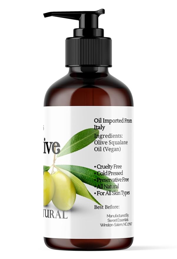 Sweet Essentials Italian Olive Squalane Oil, 8oz with Pump, Imported From Italy, 100% Pure Olive Derived, Vegan, Anti-Aging, Non-Greasy, For Face, Skin & Hair