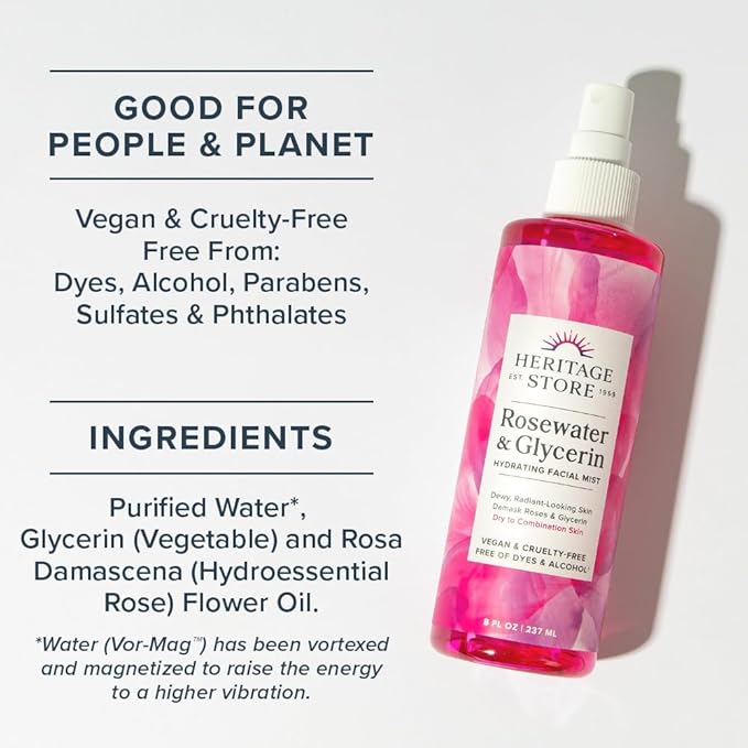 HERITAGE STORE Rosewater & Glycerin and Rosewater Toner | Deep Hydration Bundle for Dewy, Glowing Skin | Vegan | 8oz ea