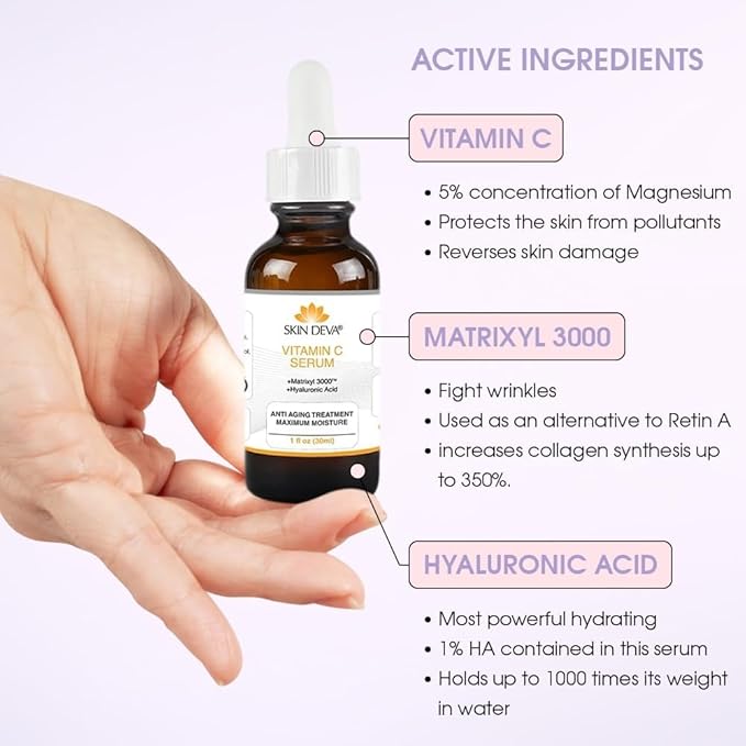 Skin Deva Vitamin C and Hyaluronic Acid Serum for Face Matrixyl 3000 Anti Aging Serum, Anti Wrinkle Facial Serums - Improve Appearance of Dark Spots, Tone, Fine Lines, Glowing -(PACK OF 2)