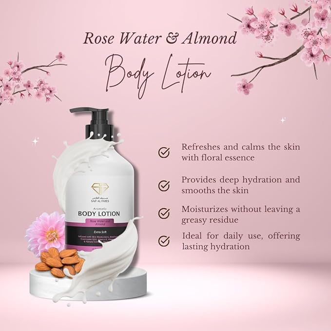 Saif Al Fares Rose Water & Almond Body Lotion – Moisturizing Hydrating Lotion for Dry Skin – Daily Moisturizer with Vitamin E & B5 Natural Skin Care Body Moisturizer Lotion for Women & Men, 500ml Pump