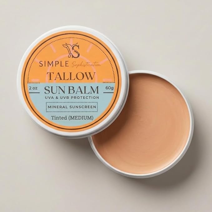 Tallow Sun Balm- with grassfed beef tallow, castor oil, zinc oxide | Mineral Sunscreen | Natural, Organic | Reef Safe, Ocean Friendly | Spf 30 - suitable for sensitive skin (2 oz) (Medium)