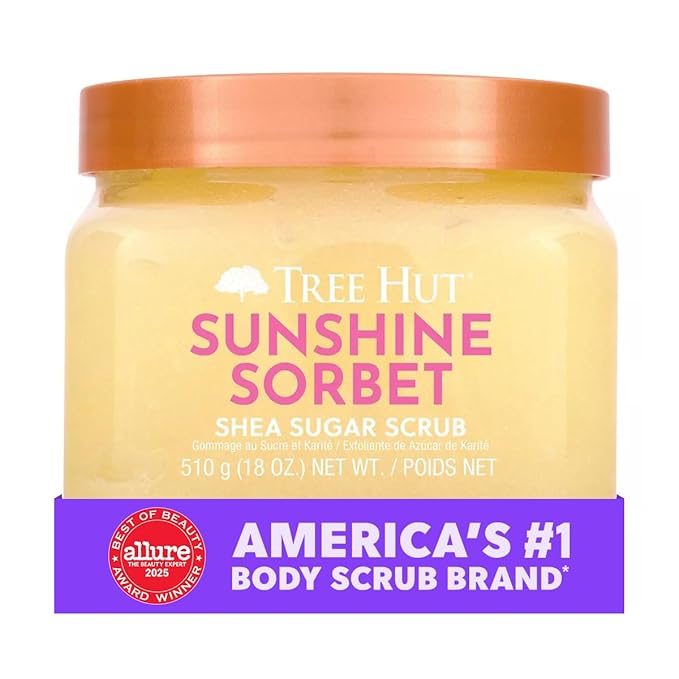 Tree Hut Sunshine Sorbet Shea Sugar Scrub, Exfoliating, Hydrating & Moisturizing Body Scrub with Shea Butter & Nourishing Essential Oils, Smooth & Soften Skin, 18 oz