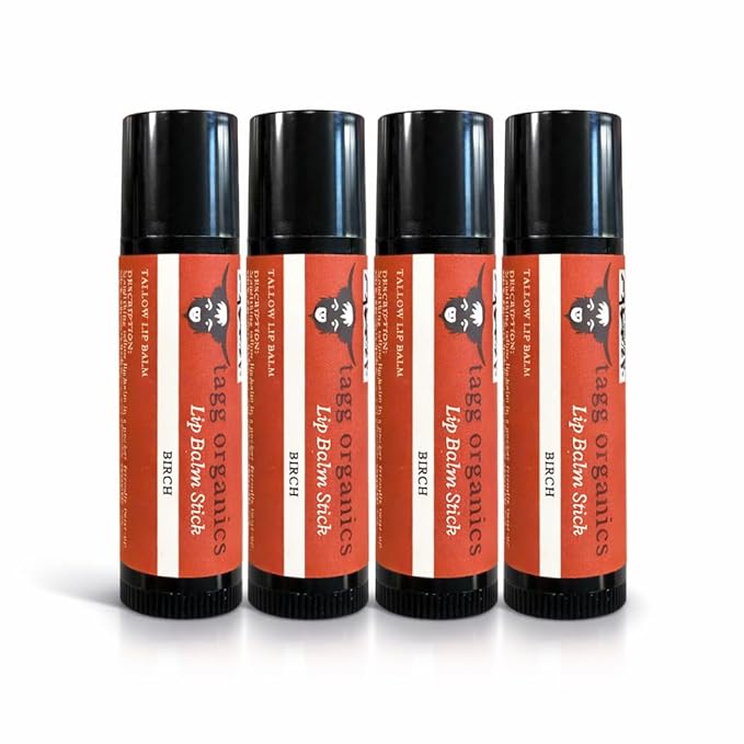 Birch Tallow Lip Balm – Certified Organic Grass-Fed Tallow, Deep Conditioning for Dry, Chapped Lips, 4-Pack (.15 oz Tubes)