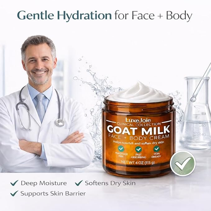 LuxeJoie Goat Milk Face Cream – Fragrance Free Moisturizer for Dry & Sensitive Skin – Fast Absorbing Non Greasy Hydration – Gentle Goat Milk Face & Body Lotion with Shea Butter – 2 oz