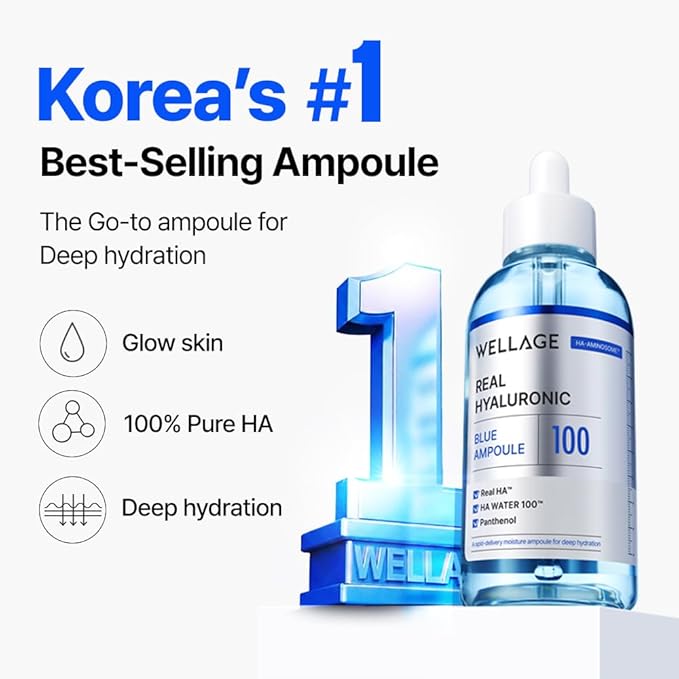WELLAGE Real Hyaluronic Blue Ampoule 100 Korean Serum, Fragrance Free Hyaluronic Acid Ampoule with Panthenol, Wild yam, Centella for Sensitive Dry Skin Moisturizer 1.01 fl.oz+ HA Oneday Kit 7ea