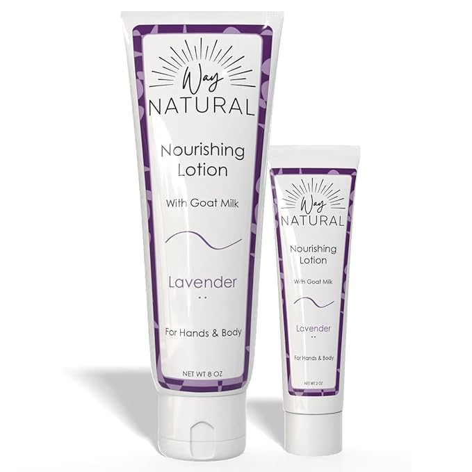 Nourishing Goat Milk Lotion, Lavender - Home & Away Set, Natural Hand & Body Lavender Lotion for Dry Skin - Goat Milk Hand Cream for Women & Men - 8oz & 2oz Travel Size Tube