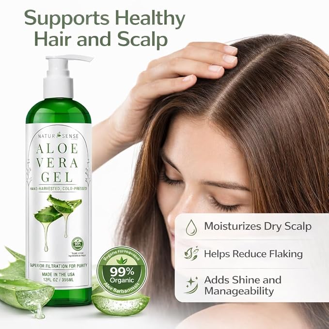 NTRSNS NaturSense 99% Organic Aloe Vera Gel. Deep Hydration, Effective Moisturizing. For Hair, Scalp, Face, Acne, Sunburn, Dry Winter Skin, Sensitive Skin, Shaving. Unscented, 12 oz. Made in the USA