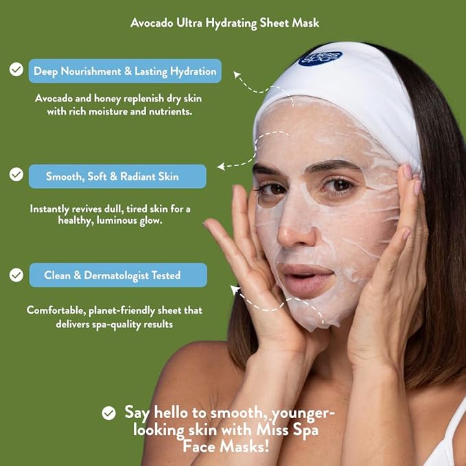 MISS SPA Avocado Ultra-Hydrating Sheet Mask Nourishing Face Mask with Avocado & Honey Deep Moisture Radiant Glow Biodegradable Cotton Dermatologist Tested Clean, 4 pack