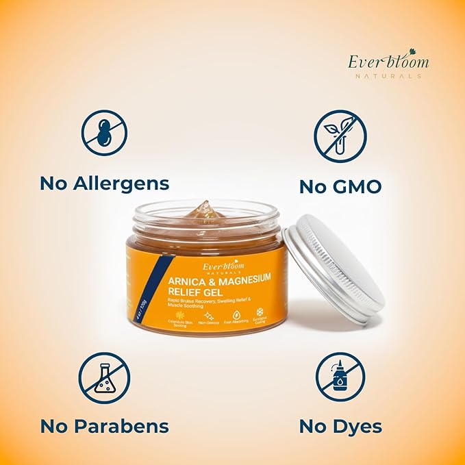 Arnica & Magnesium Calming Moisturizer Gel 4oz, Fast Recovery for Skin Bruising, Redness & Puffiness. Soothing Massage for Tension, Spasms & Thin Skin. With Emu Oil &E ucalyptus. Non-Greasy.