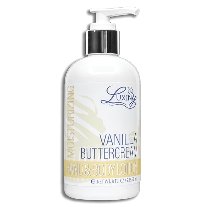 Luxiny Daily Vegan Hand & Body Lotion for Dry Skin,Made with Jojoba Oil & Vitamin E, USA Made, Non Greasy Phthalate/Sulfate/Paraben Free & Cruelty-Free Formula, 8 oz (8 oz, Vanilla Buttercream)