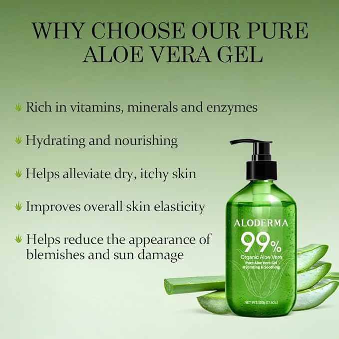 Aloderma Aloe Vera Gel - Large 17.6oz Value Pump - Made within 12 Hours of Harvest with 99% Organic Aloe Vera, Lightweight, Non-Sticky for Sunburns, Natural, Soothing Aloe Vera for Face & Hair