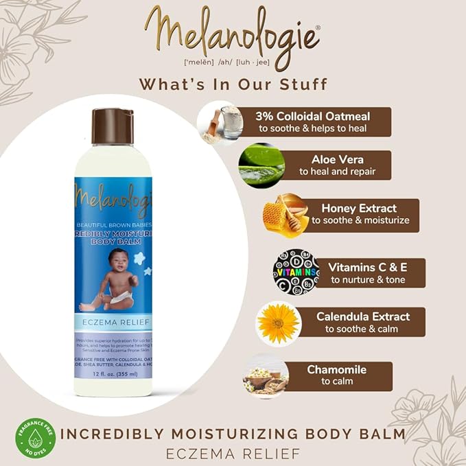 Melanologie Incredibly Moisturizing Body Balm Eczema Relief with 3% Colloidal Oatmeal, Aloe, Shea Butter, Calendula, Vitamins C & E, Hypoallergenic, 12 fl. oz