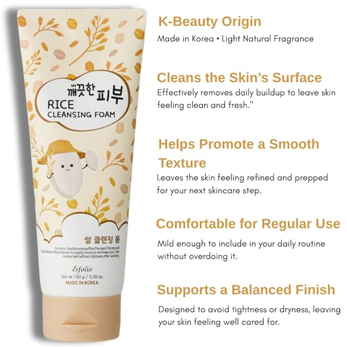 esfolio Rice Cleansing Foam Face Wash – Gentle Daily Facial Cleanser with Soft Creamy Foam – Suitable for All Skin Types – Helps Remove Dirt, Oil, and Impurities Without Drying (5.29oz -150g)