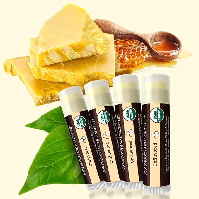 Earth's Daughter USDA Organic Lip Balm 4-Pack Unflavored - Beeswax, Coconut Oil, Vitamin E - Best Lip Repair Chapstick for Dry Cracked Lips.