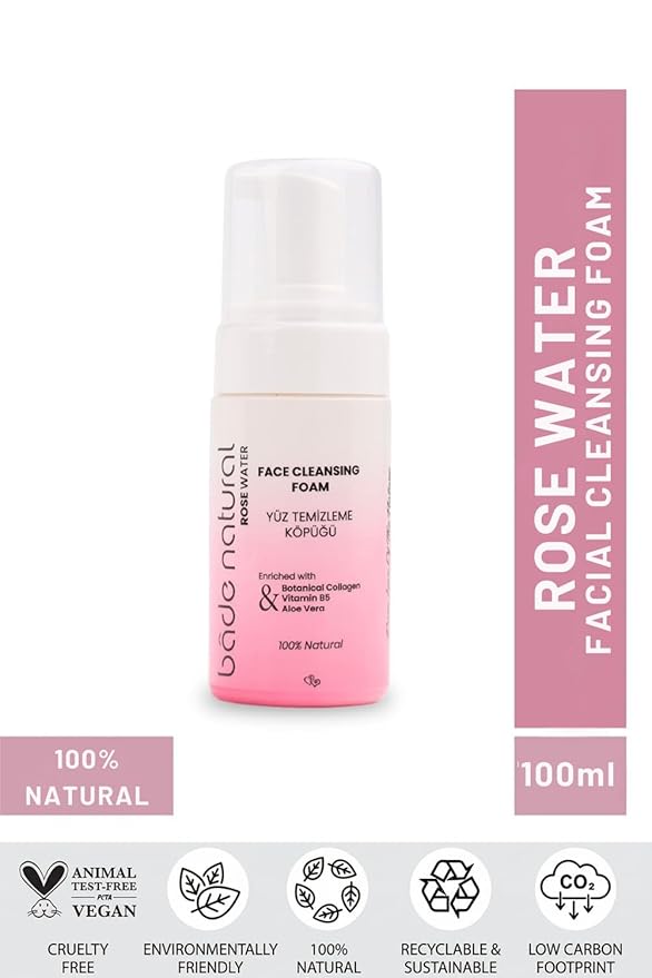 Bade Natural Rosewater Foaming Facial Cleanser – Gentle Vegan Face & Plant-Based Collagen – Hydrating for All Skin Types – 3.4 fl oz (100 ml)